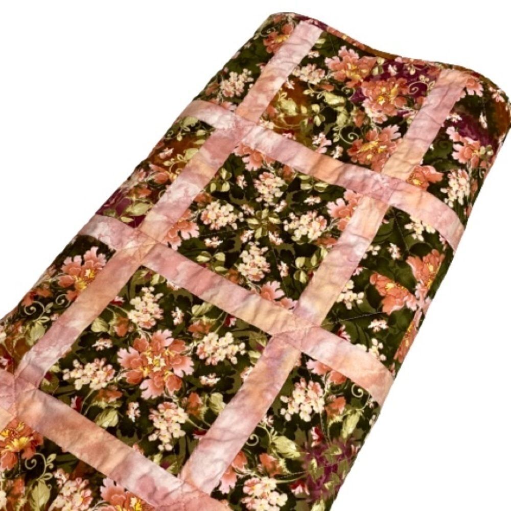 Handmade NWT floral lap quilt pink, burgundy and green size 52” X 41”